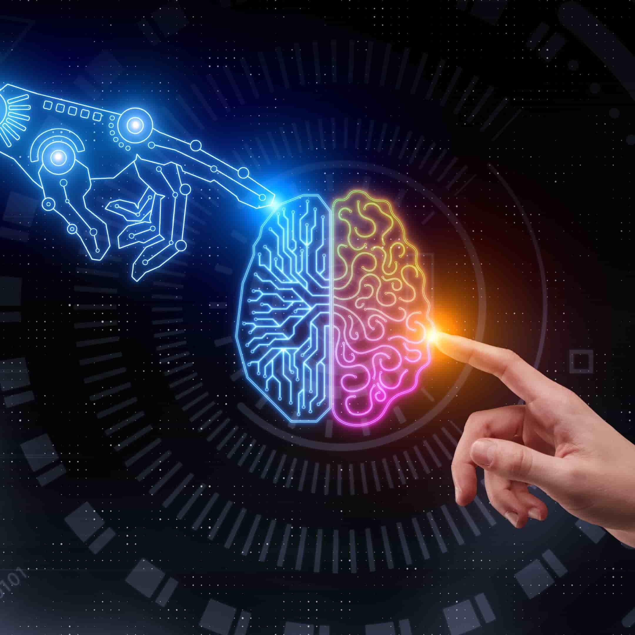 Brain in the center with one artificial intelligence hand and one human hand touching it.